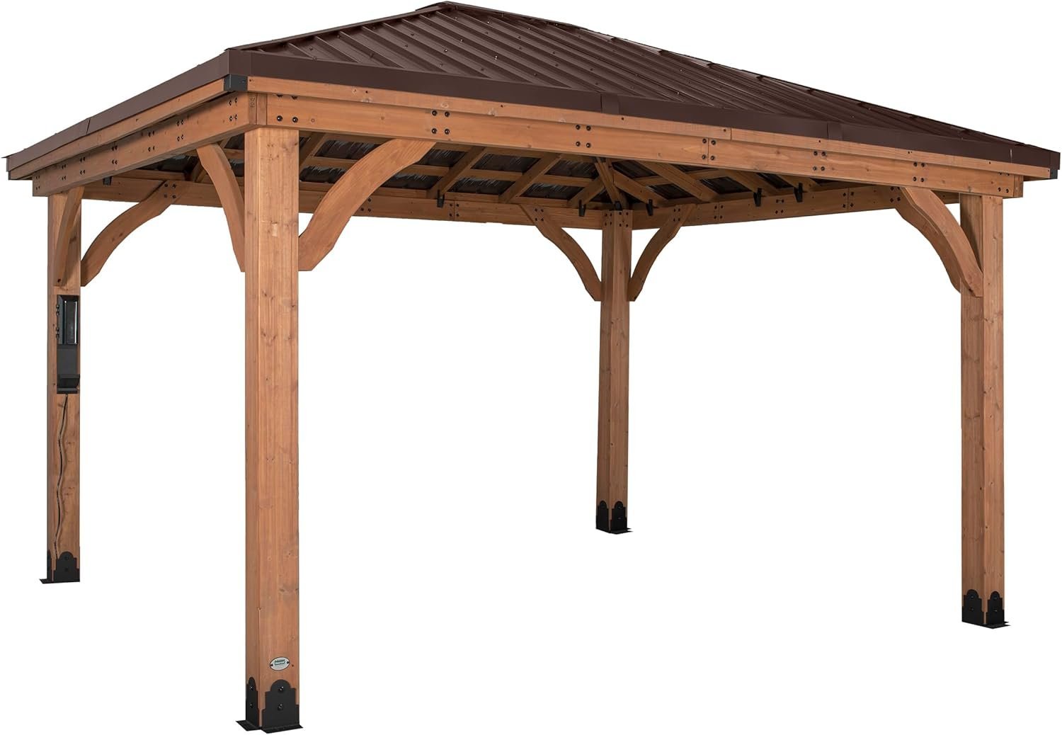 Backyard Discovery Barrington 4.3 m x 3.0 m Cedar Wood Outdoor Patio Gazebo with Hardtop Galvanized Steel Hip Roof and PowerPort
